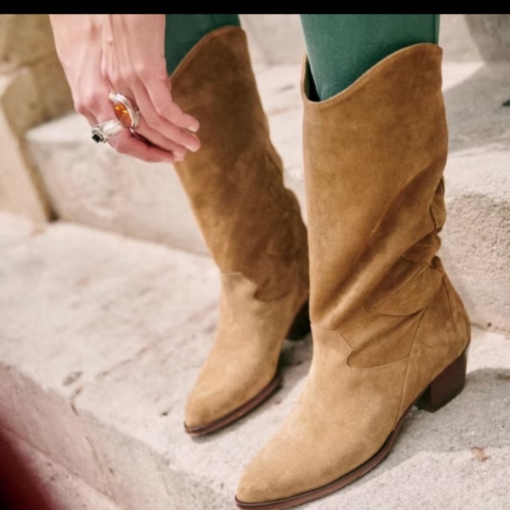 Sezane Phoenix Cowgirl Leather Beige Tan Boots - Picture 1 of 13